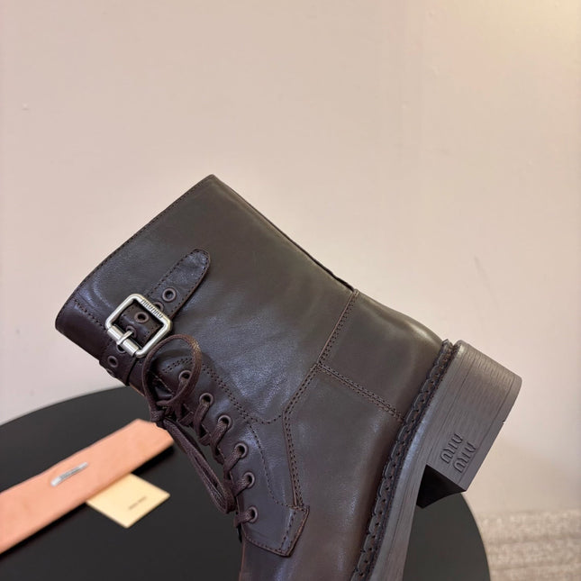 MIUMIU 26S LACE-UP ANKLE BOOTS IN BROWN CALFSKIN