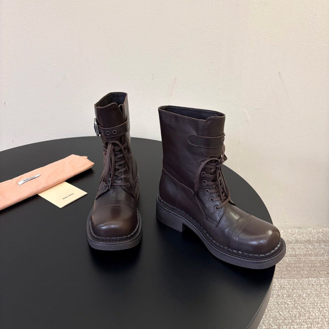MIUMIU 26S LACE-UP ANKLE BOOTS IN BROWN CALFSKIN