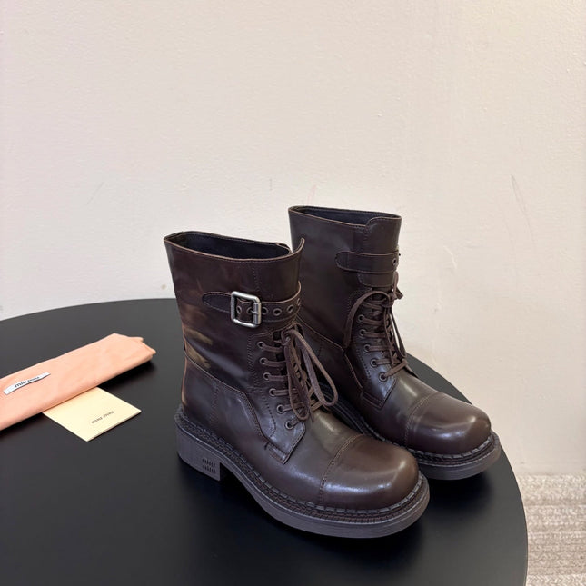 MIUMIU 26S LACE-UP ANKLE BOOTS IN BROWN CALFSKIN
