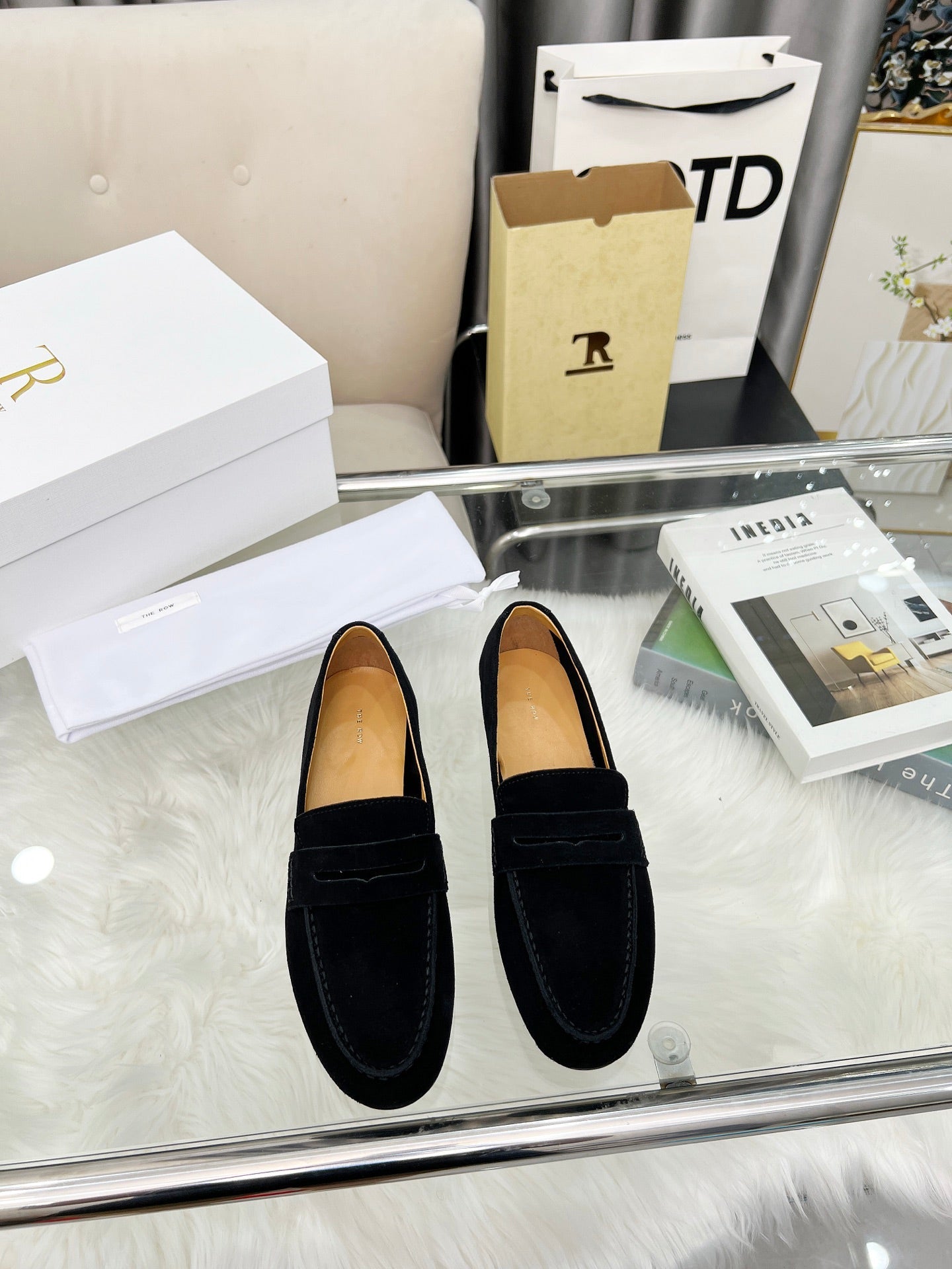 THE ROW 26S PENNY LOAFERS IN BLACK SUEDE