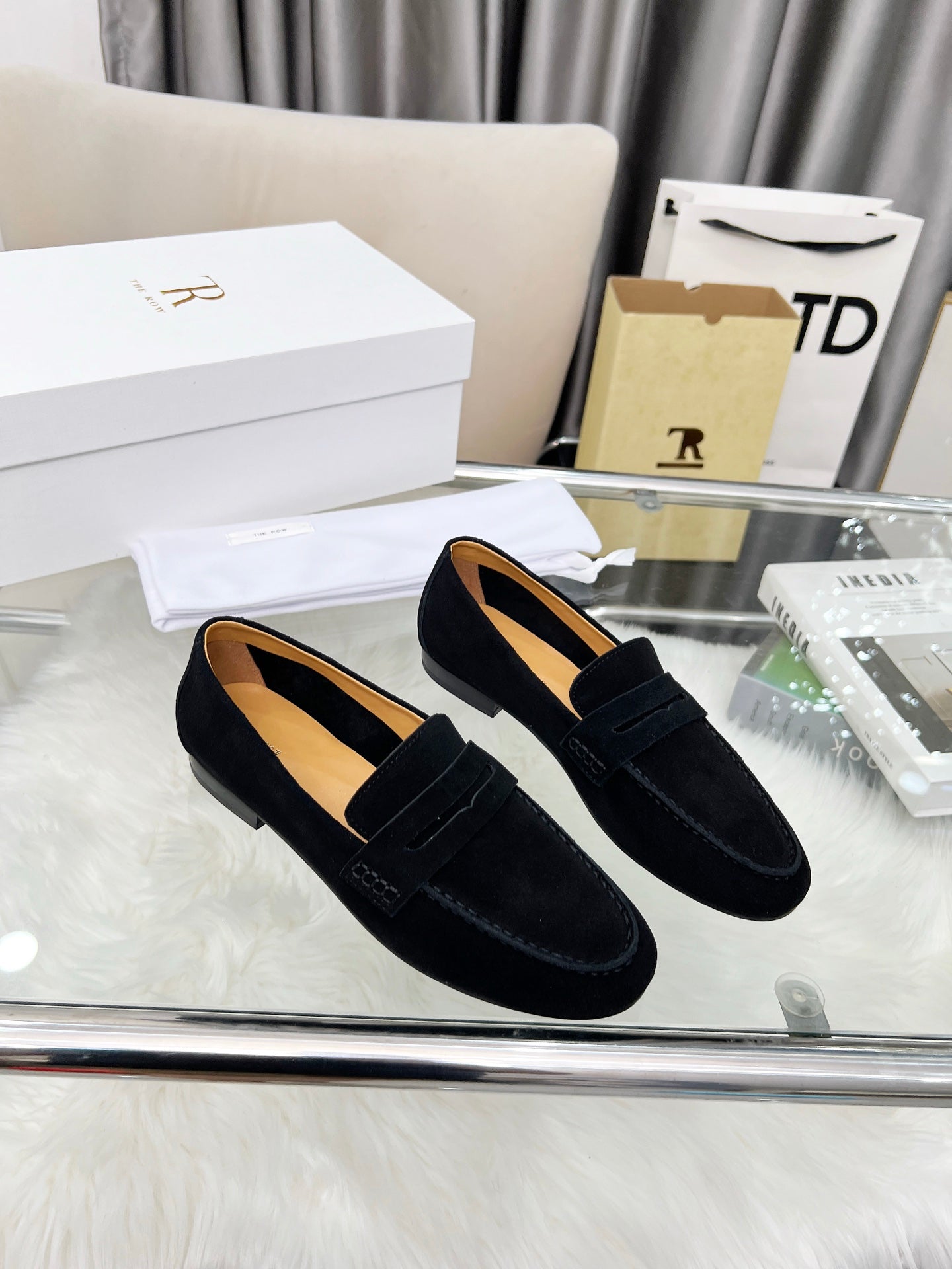 THE ROW 26S PENNY LOAFERS IN BLACK SUEDE