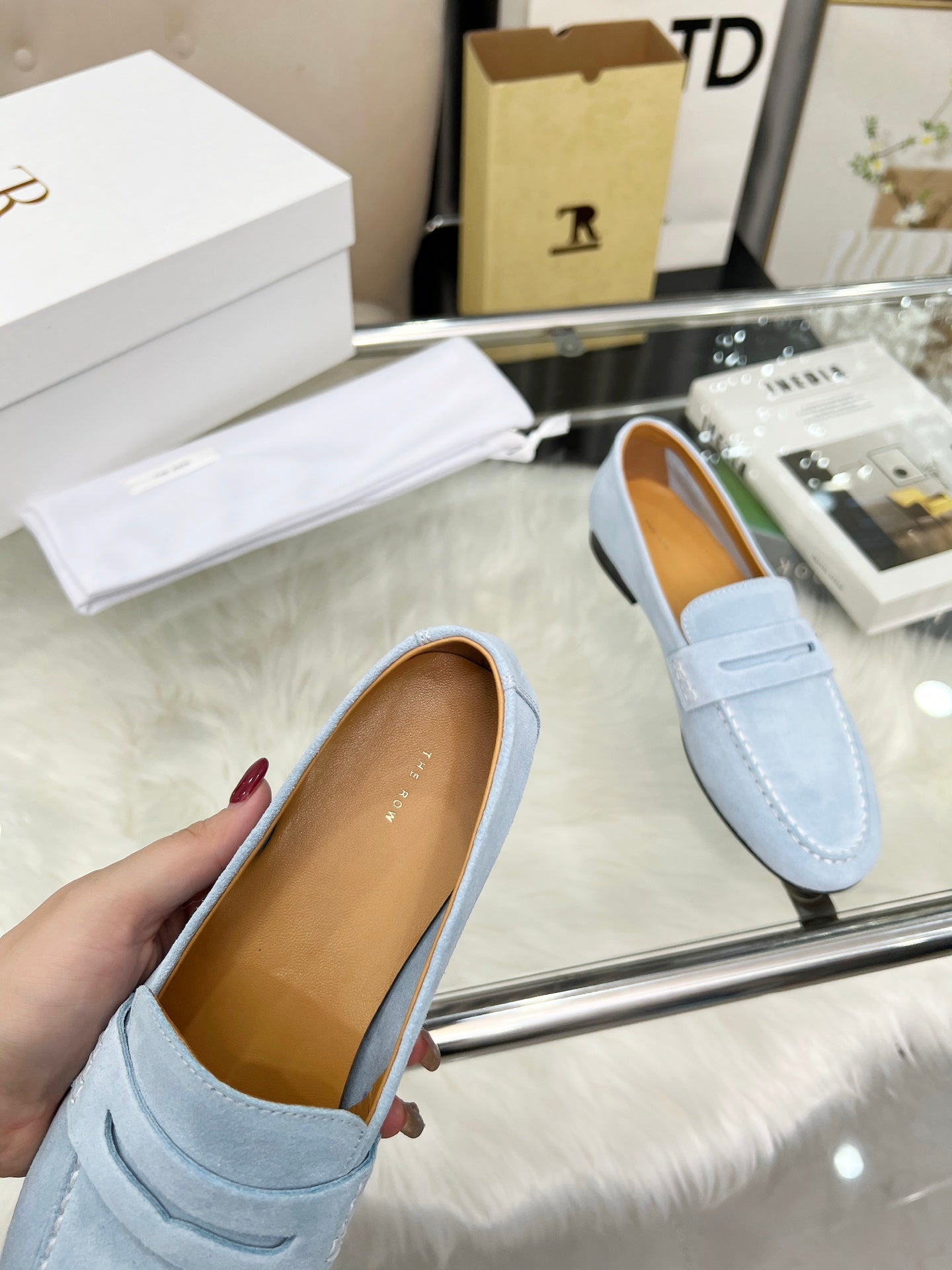 THE ROW 26S PENNY LOAFERS IN LIGHT BLUE SUEDE