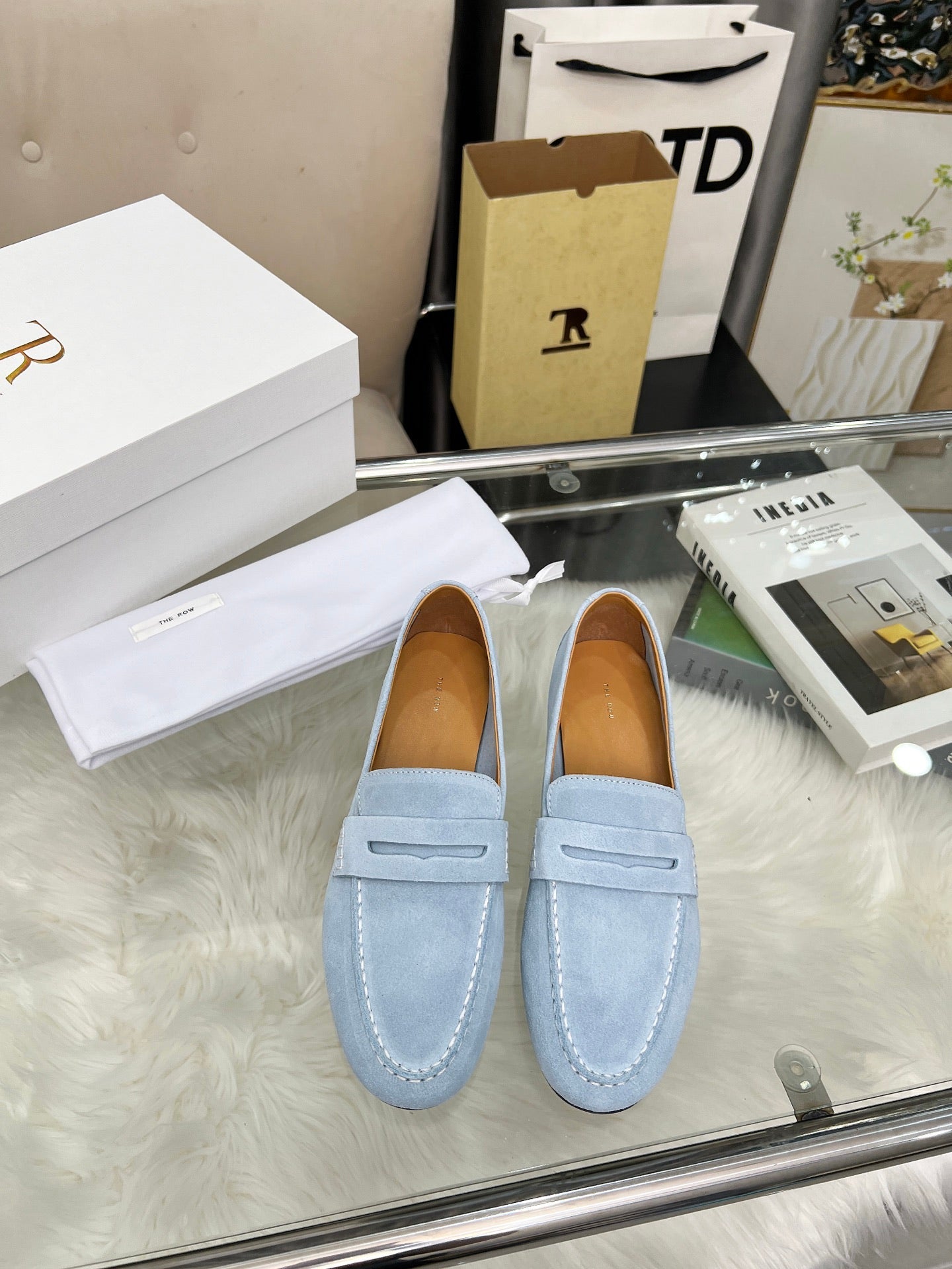 THE ROW 26S PENNY LOAFERS IN LIGHT BLUE SUEDE