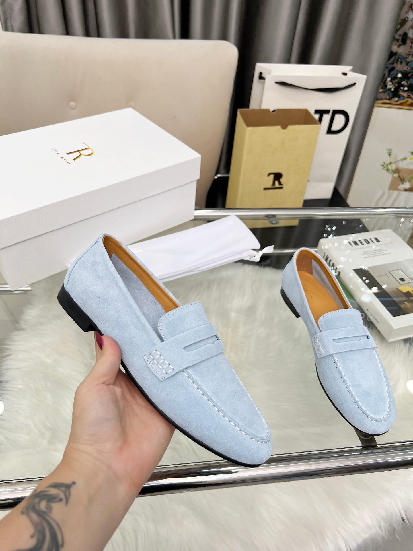 THE ROW 26S PENNY LOAFERS IN LIGHT BLUE SUEDE