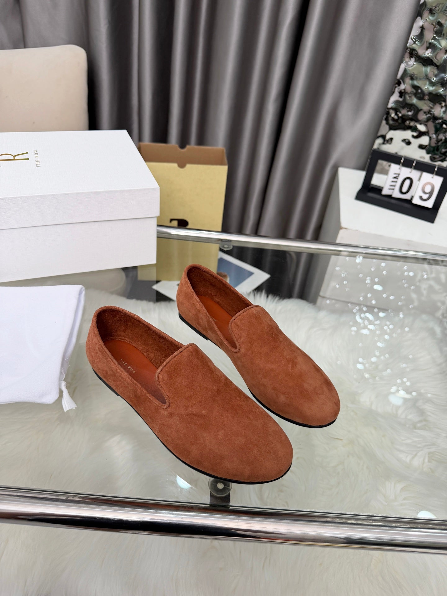 THE ROW 26S CLASSIC LOAFER FLATS IN COGNAC BROWN SUEDE