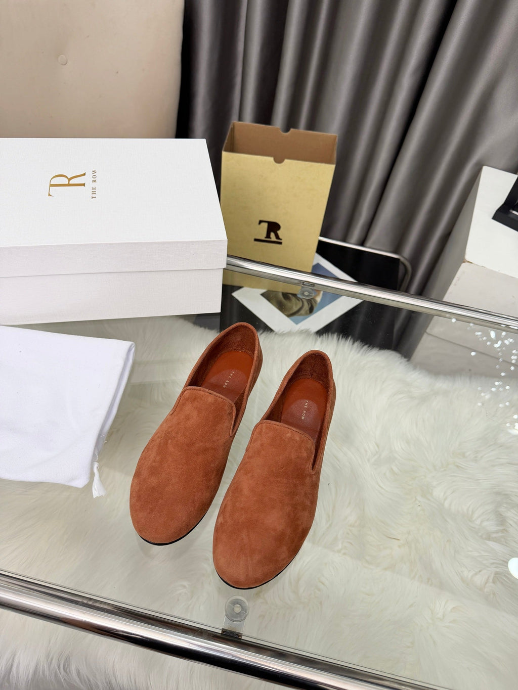 THE ROW 26S CLASSIC LOAFER FLATS IN COGNAC BROWN SUEDE