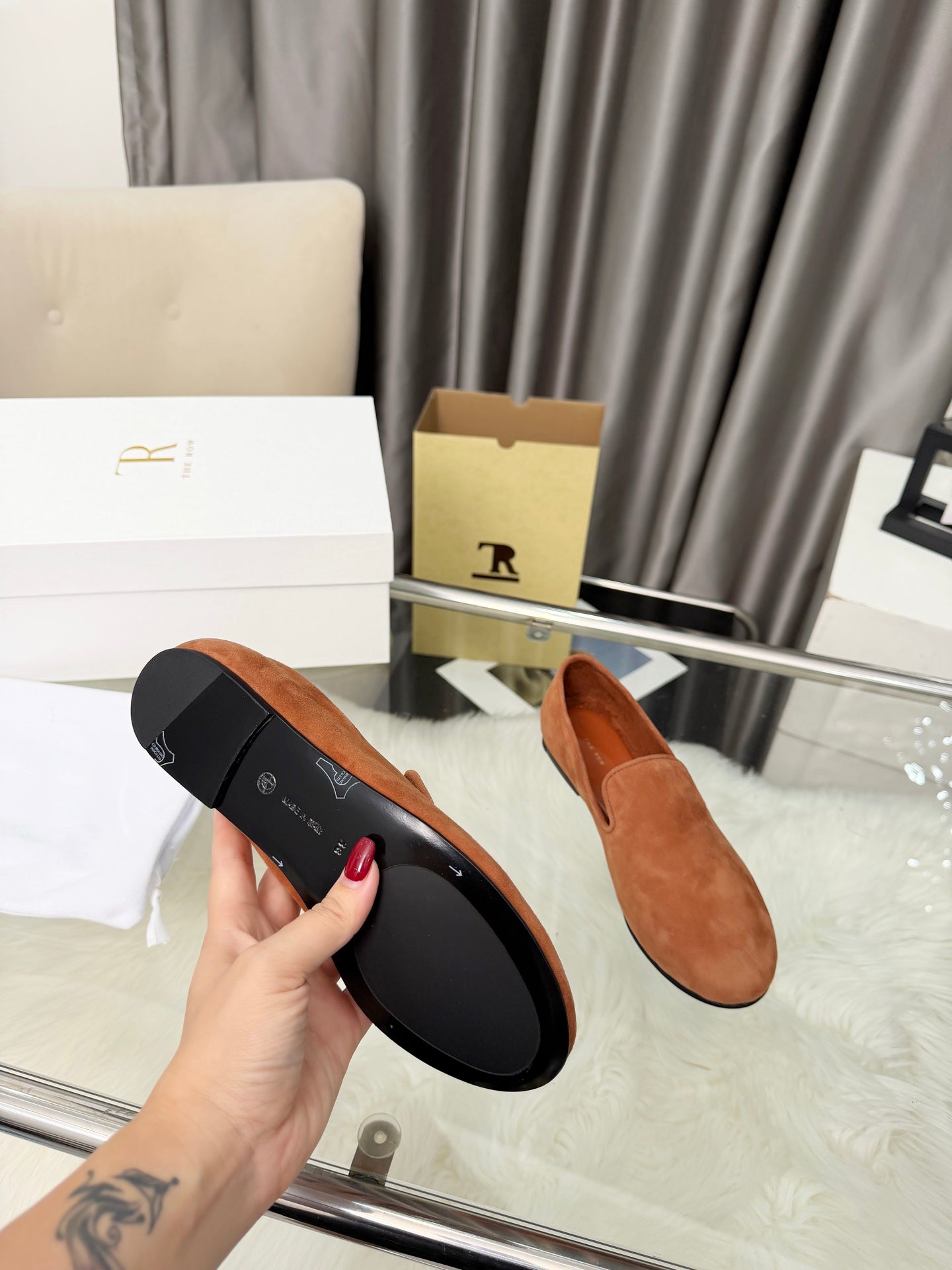THE ROW 26S CLASSIC LOAFER FLATS IN COGNAC BROWN SUEDE