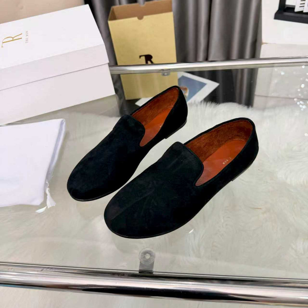 THE ROW 26S CLASSIC LOAFER FLATS IN BLACK SUEDE