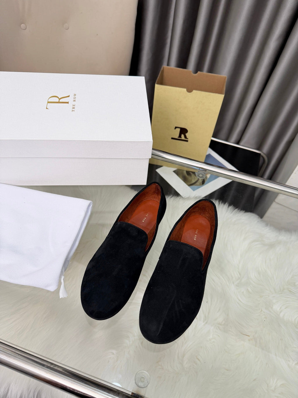 THE ROW 26S CLASSIC LOAFER FLATS IN BLACK SUEDE