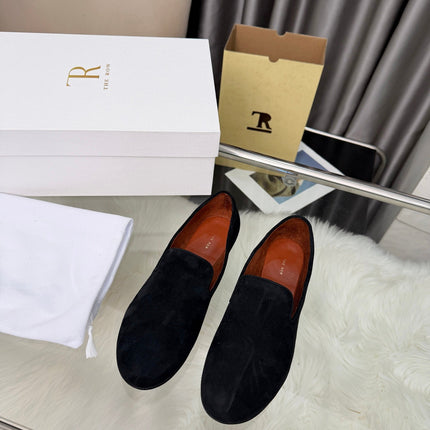 THE ROW 26S CLASSIC LOAFER FLATS IN BLACK SUEDE