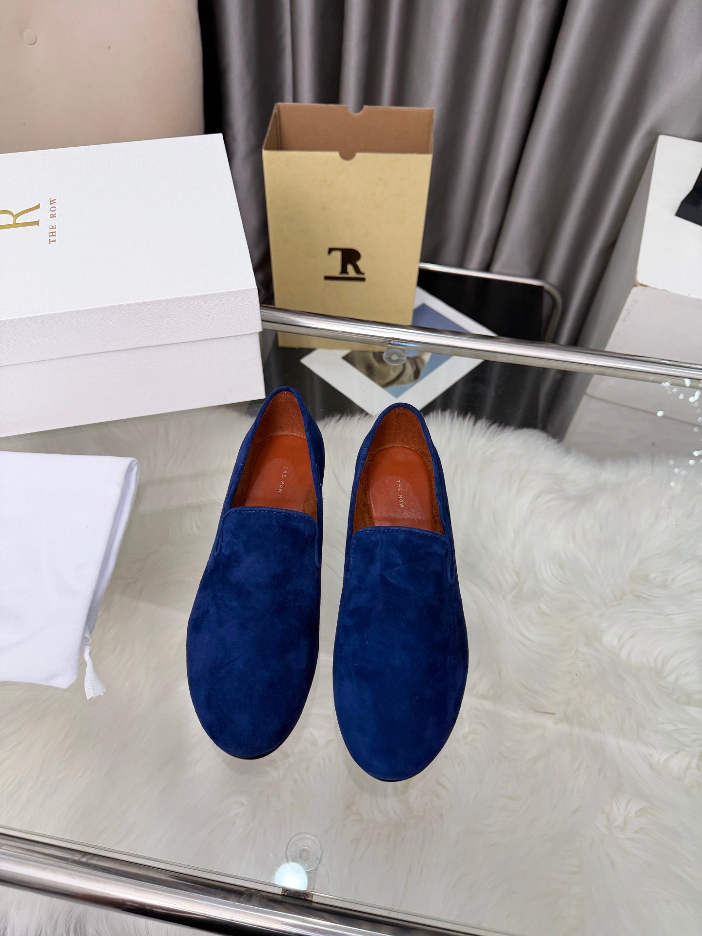 THE ROW 26S CLASSIC LOAFER FLATS IN DARK BLUE SUEDE