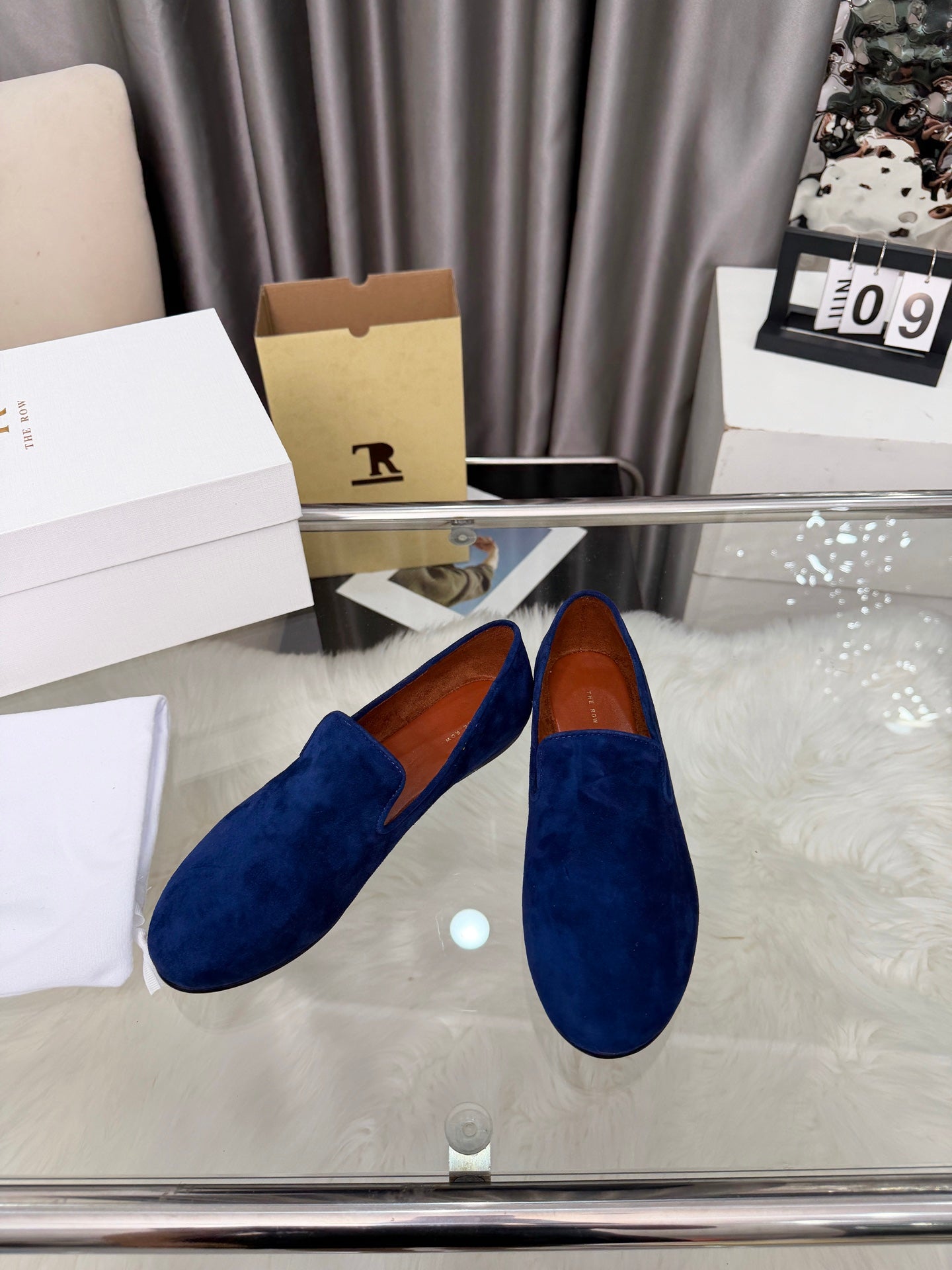 THE ROW 26S CLASSIC LOAFER FLATS IN DARK BLUE SUEDE