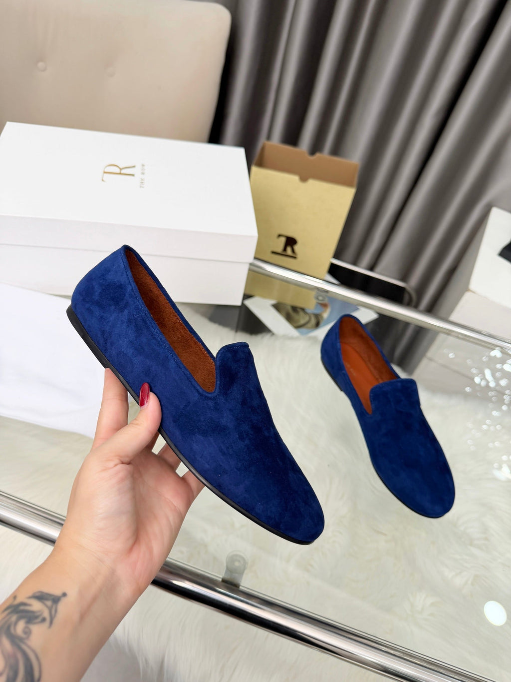 THE ROW 26S CLASSIC LOAFER FLATS IN DARK BLUE SUEDE