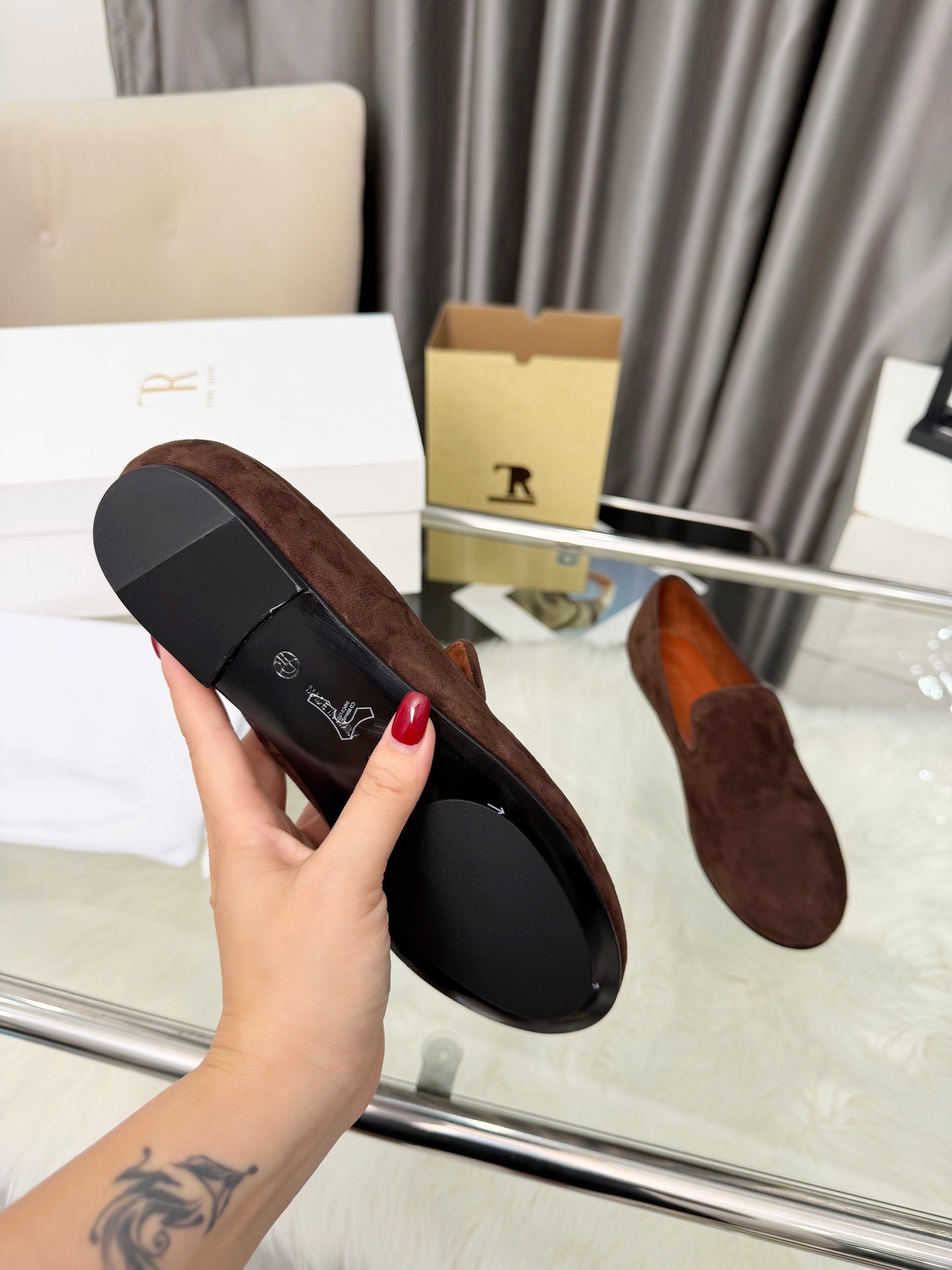 THE ROW 26S CLASSIC LOAFER FLATS IN DARK BROWN SUEDE
