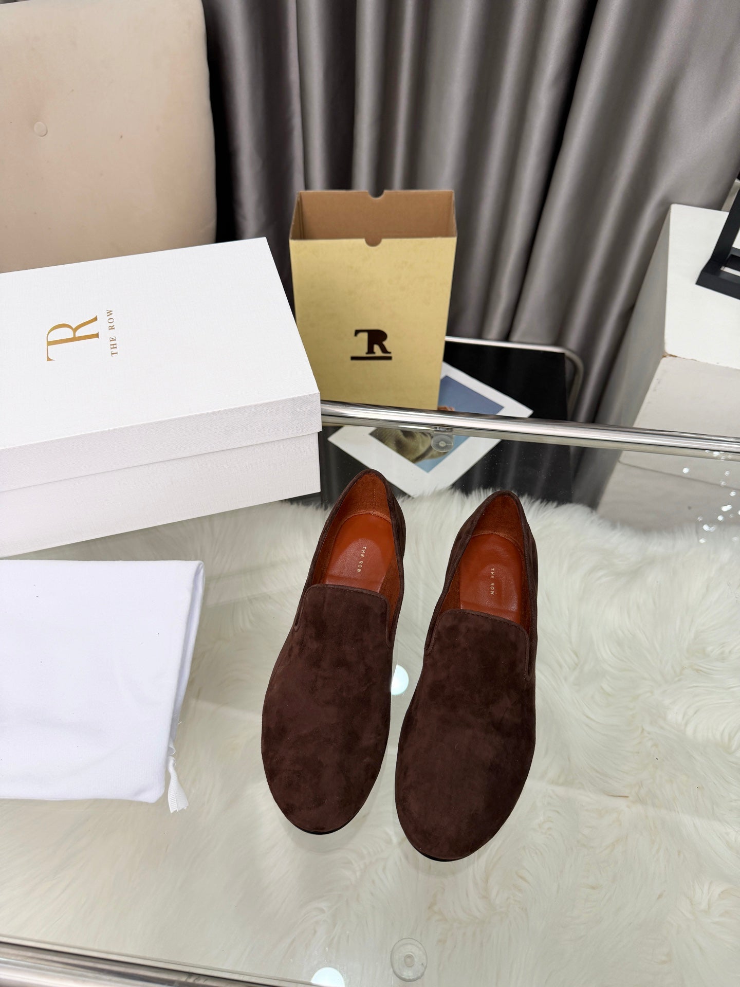THE ROW 26S CLASSIC LOAFER FLATS IN DARK BROWN SUEDE