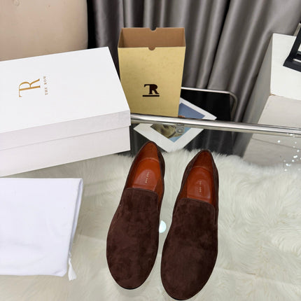 THE ROW 26S CLASSIC LOAFER FLATS IN DARK BROWN SUEDE