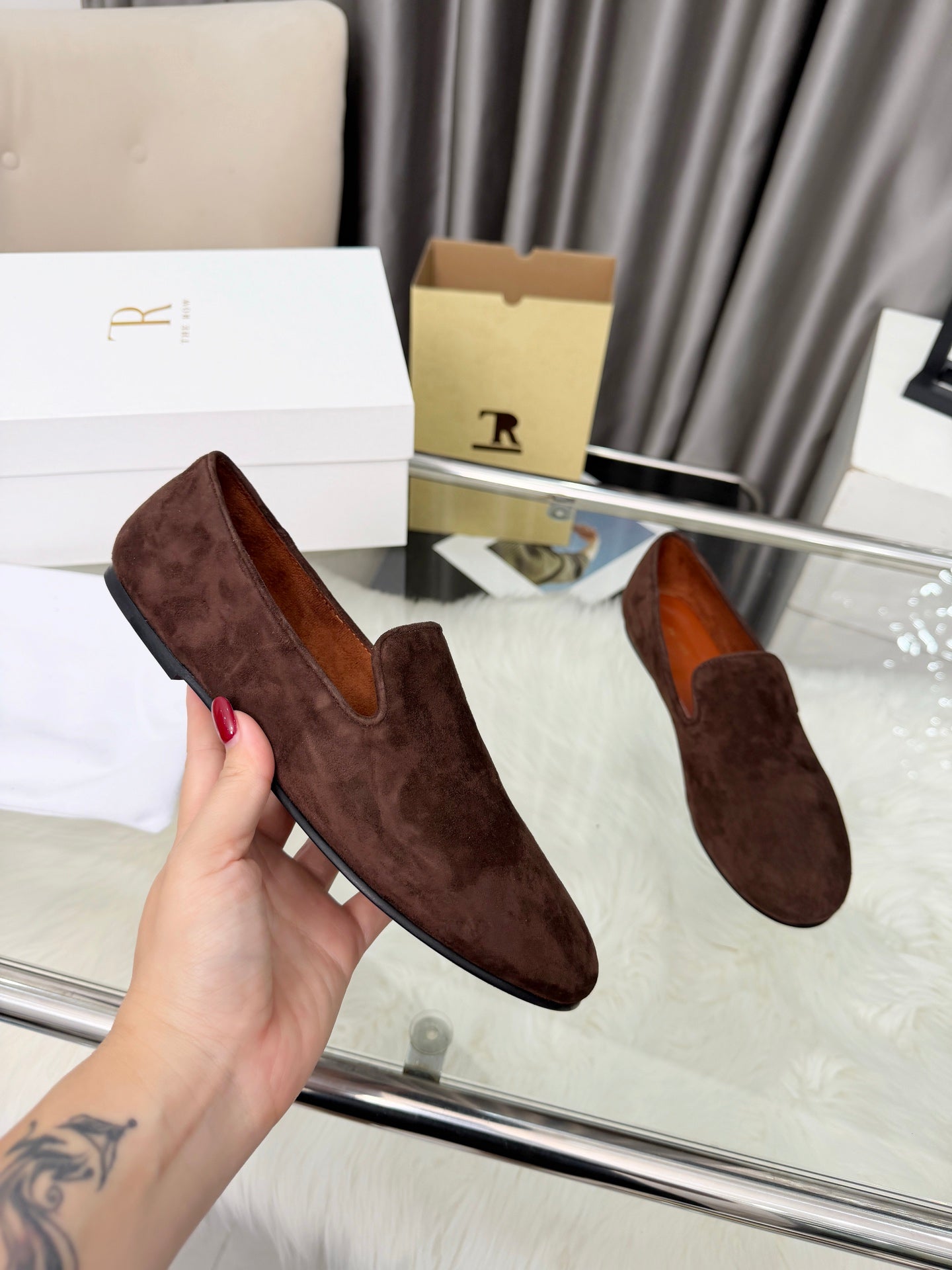 THE ROW 26S CLASSIC LOAFER FLATS IN DARK BROWN SUEDE