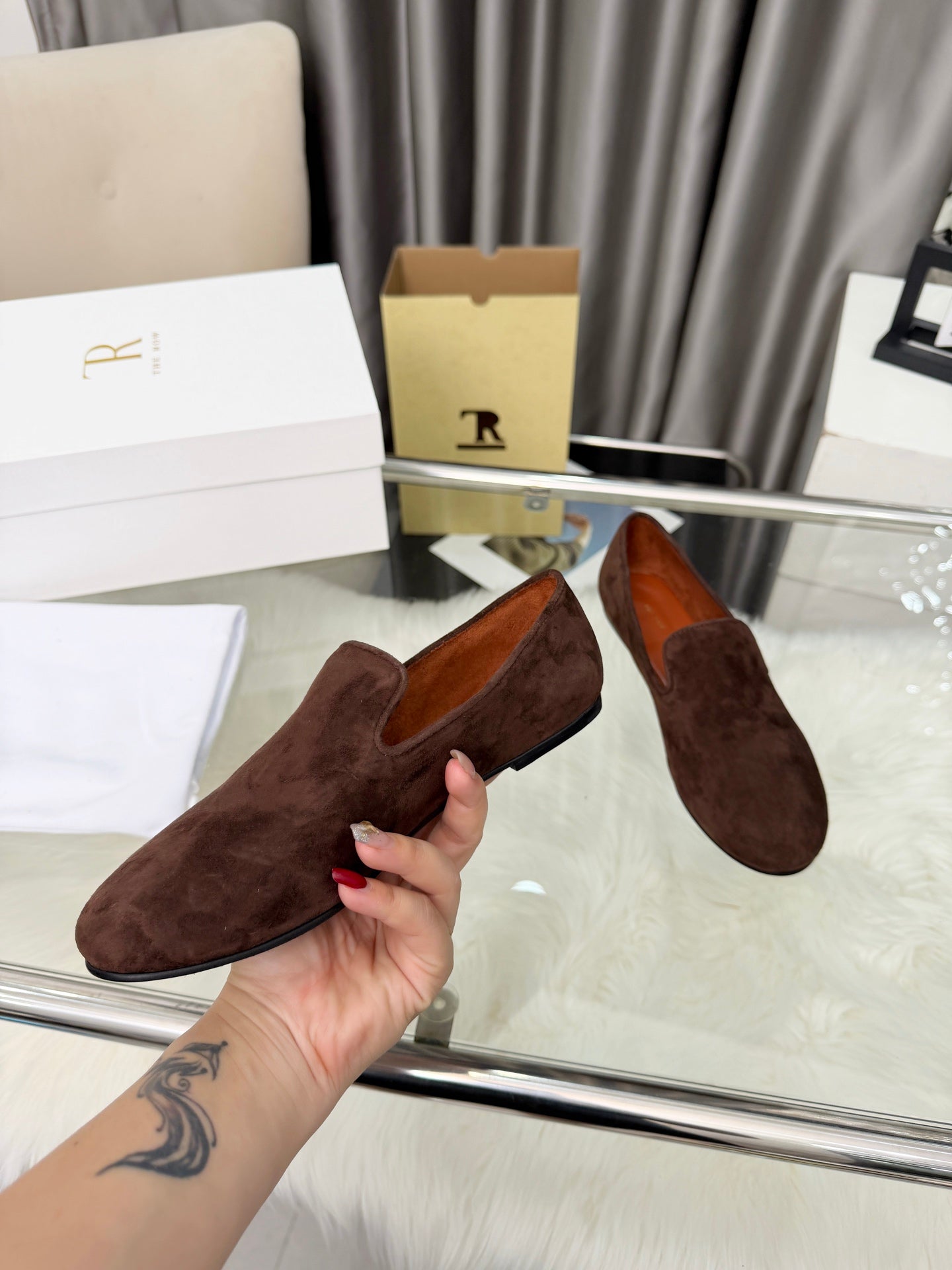 THE ROW 26S CLASSIC LOAFER FLATS IN DARK BROWN SUEDE
