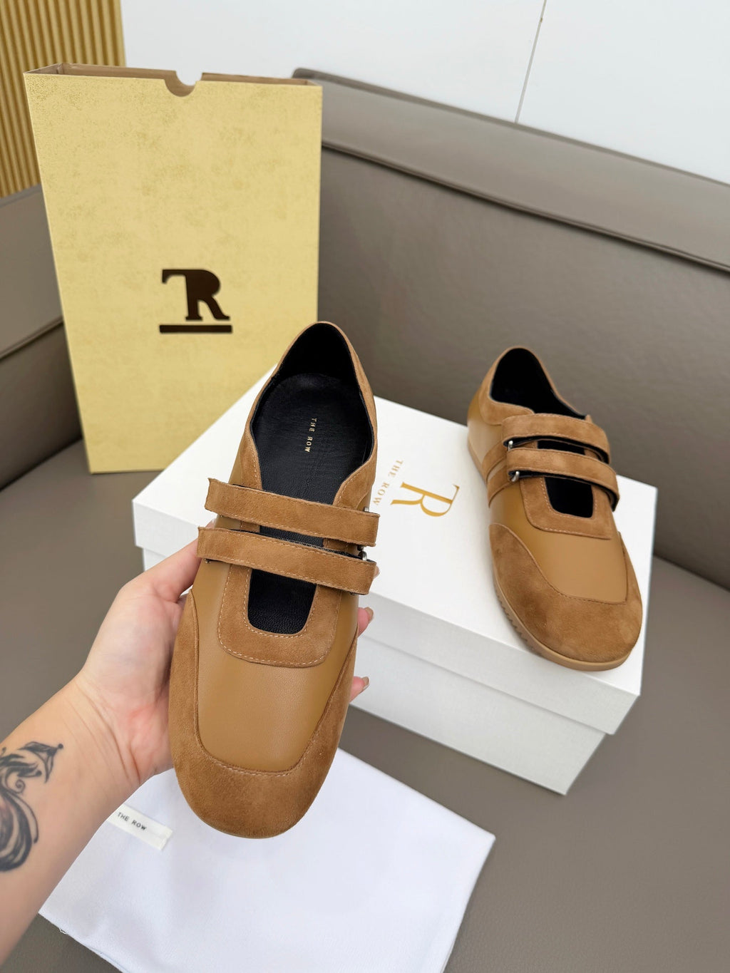 THE ROW 26S DOUBLE STRAP MARY JANE SNEAKERS IN CAMEL BROWN CALFSKIN AND SUEDE