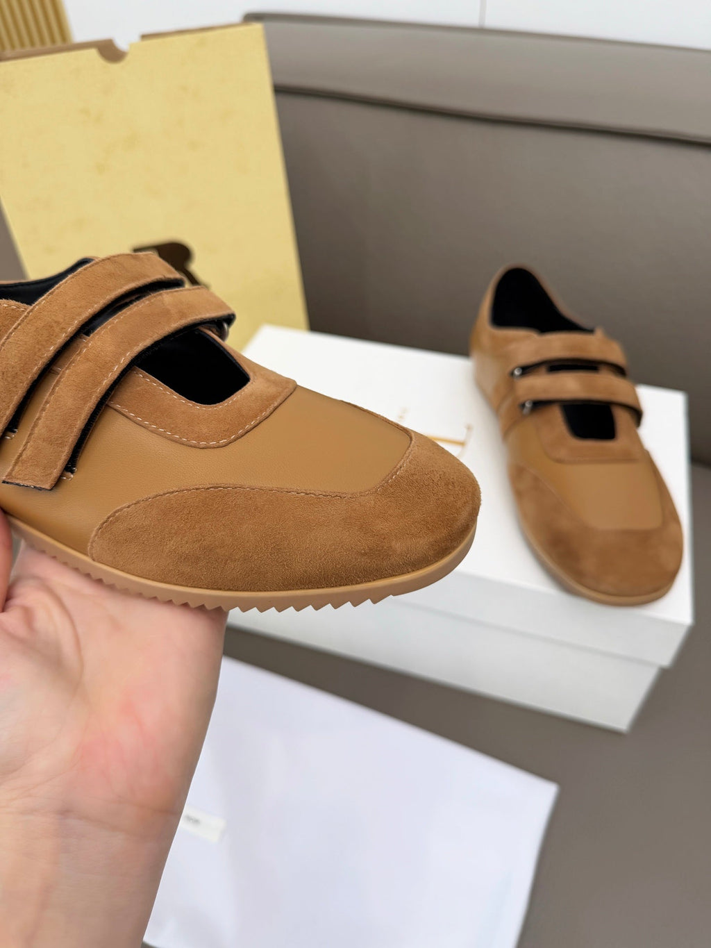THE ROW 26S DOUBLE STRAP MARY JANE SNEAKERS IN CAMEL BROWN CALFSKIN AND SUEDE