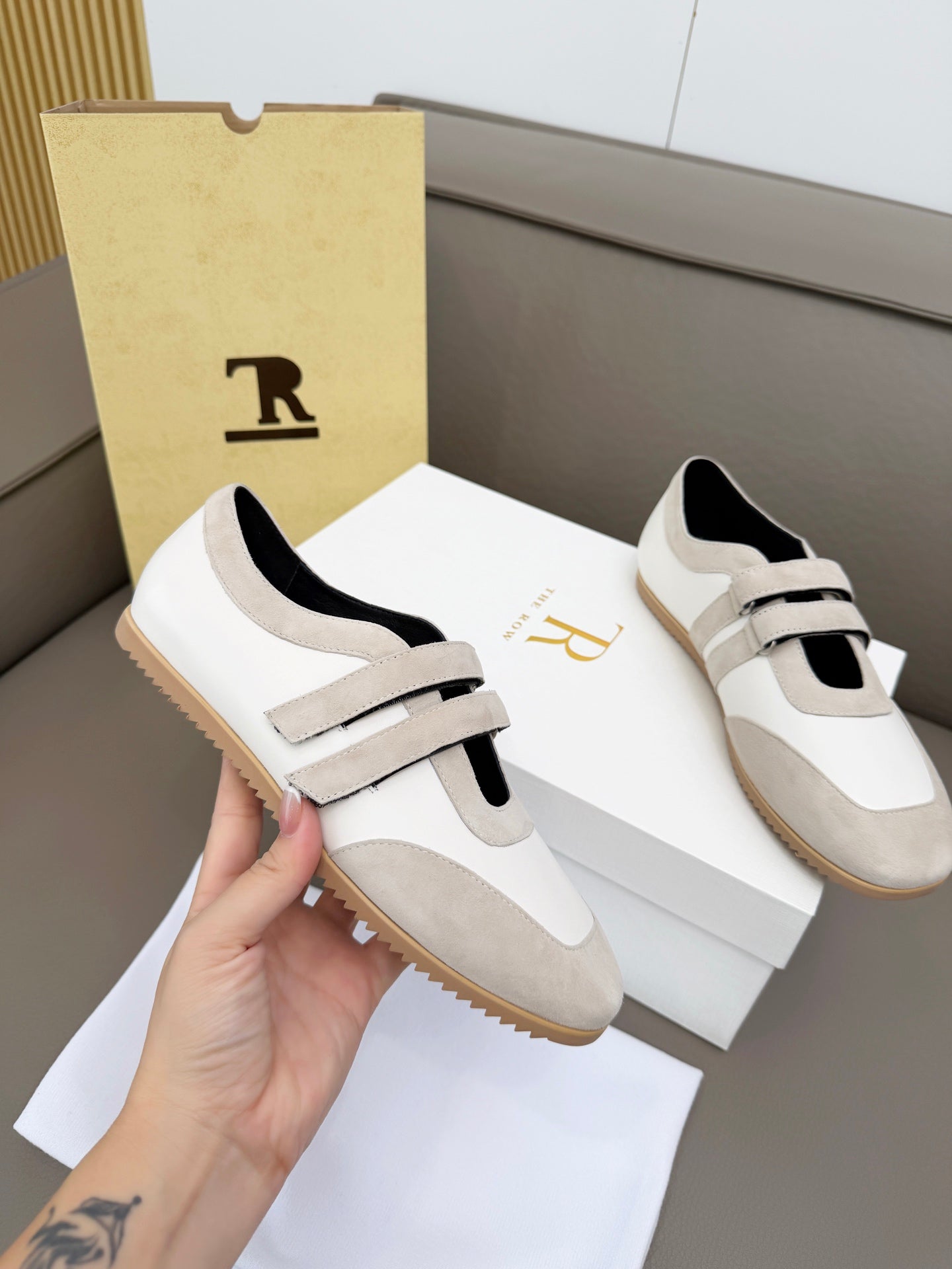 THE ROW 26S DOUBLE STRAP MARY JANE SNEAKERS IN WHITE CALFSKIN AND LIGHT GREY SUEDE