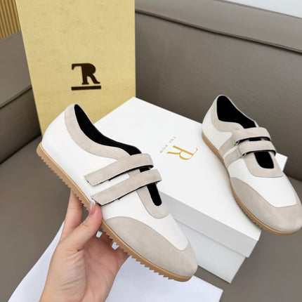 THE ROW 26S DOUBLE STRAP MARY JANE SNEAKERS IN WHITE CALFSKIN AND LIGHT GREY SUEDE