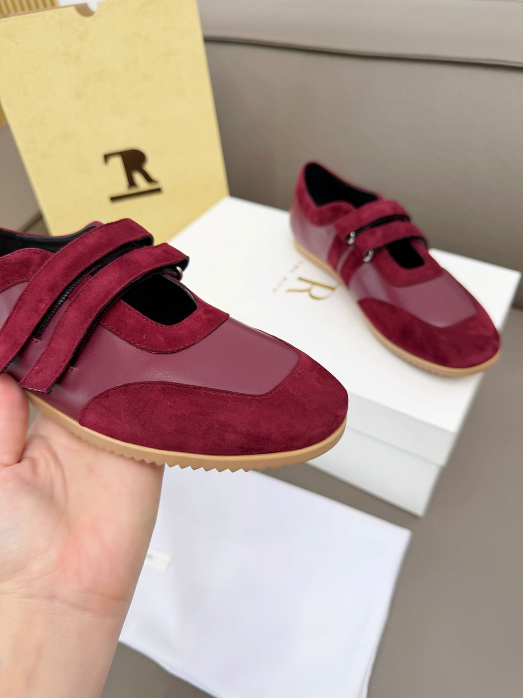 THE ROW 26S DOUBLE STRAP MARY JANE SNEAKERS IN BURGUNDY RED CALFSKIN AND SUEDE