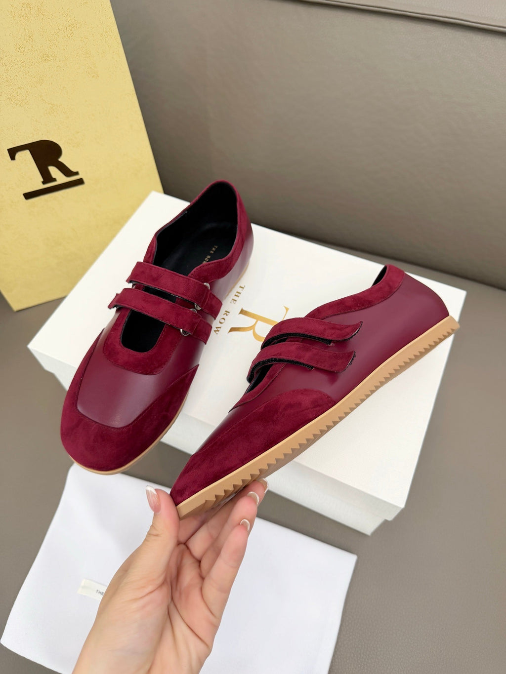 THE ROW 26S DOUBLE STRAP MARY JANE SNEAKERS IN BURGUNDY RED CALFSKIN AND SUEDE