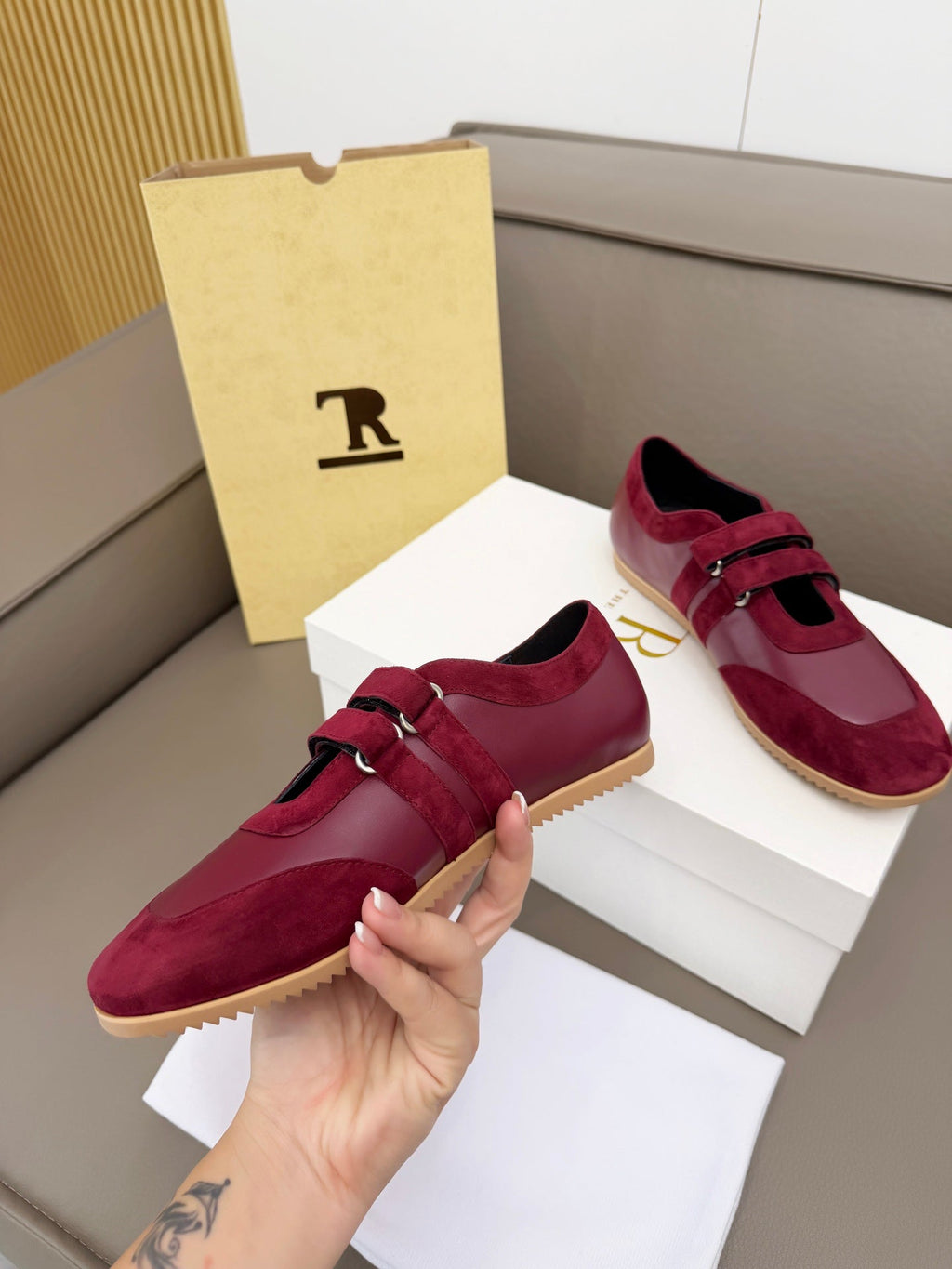 THE ROW 26S DOUBLE STRAP MARY JANE SNEAKERS IN BURGUNDY RED CALFSKIN AND SUEDE
