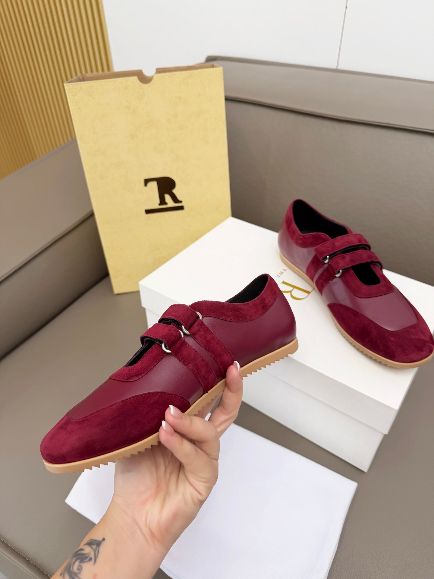 THE ROW 26S DOUBLE STRAP MARY JANE SNEAKERS IN BURGUNDY RED CALFSKIN AND SUEDE