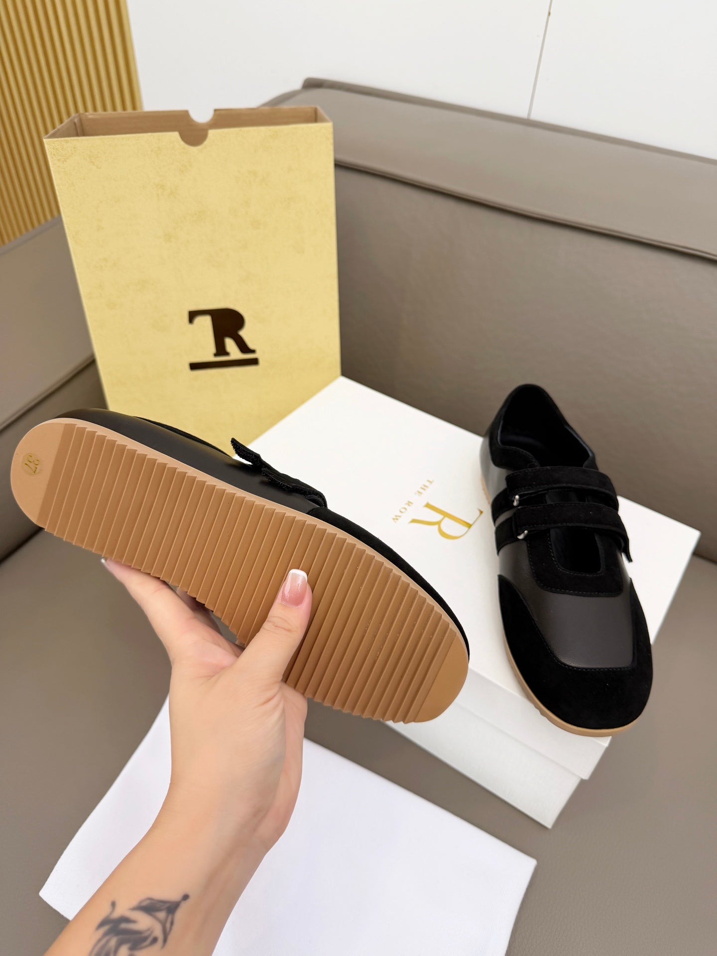 THE ROW 26S DOUBLE STRAP MARY JANE SNEAKERS IN BLACK CALFSKIN AND SUEDE