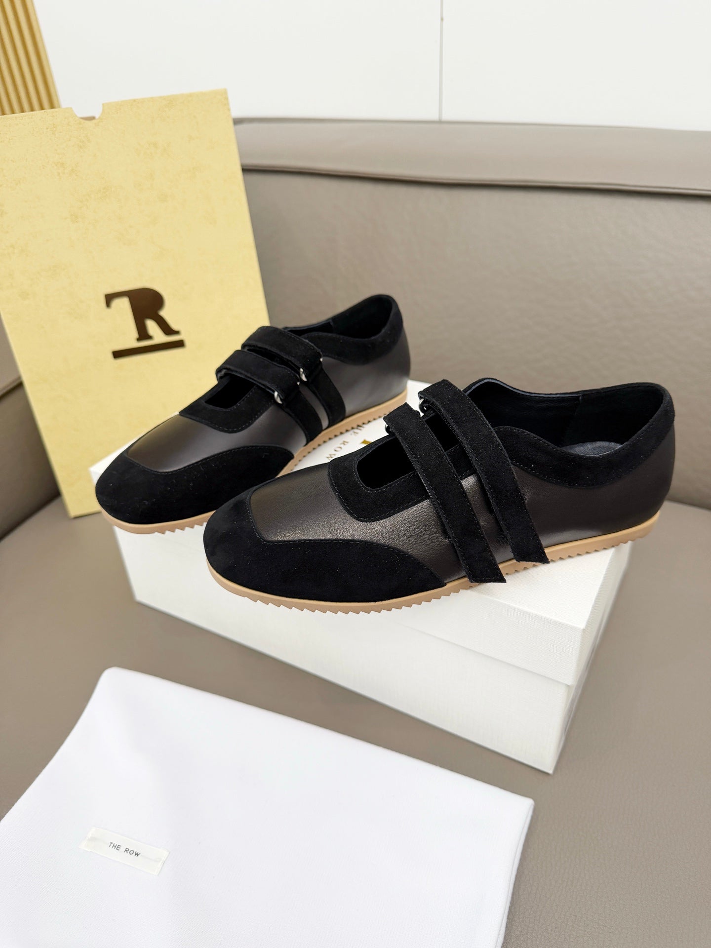 THE ROW 26S DOUBLE STRAP MARY JANE SNEAKERS IN BLACK CALFSKIN AND SUEDE