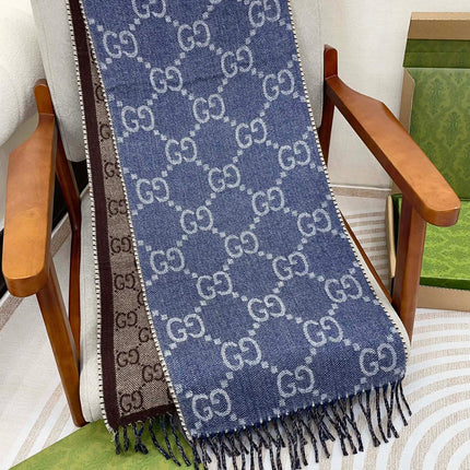 GG JACQUARD WOOL SCARF DENIM BLUE MIX COFFEE BROWN 398286