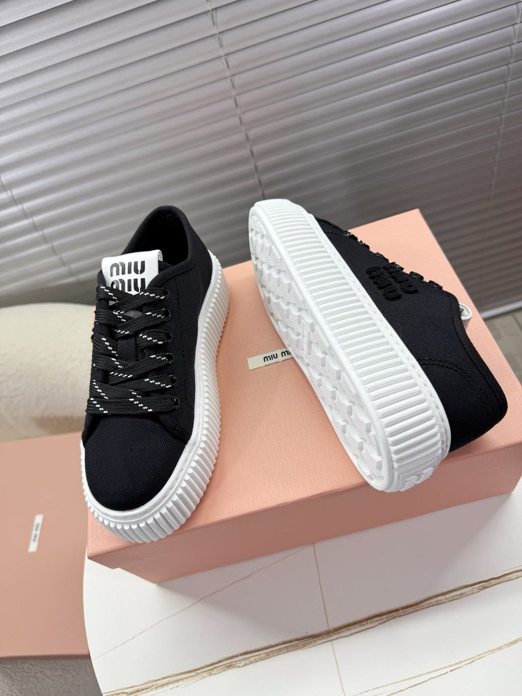 MIUMIU 26S PLATFORM SNEAKERS IN BLACK CANVAS