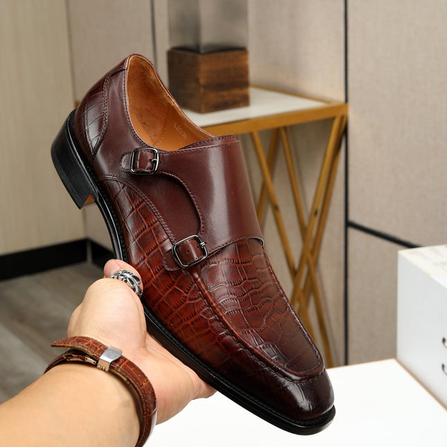 HM DOUBLE MONK STRAP RUSSET WITH CROCODILE MOTIF CALFSKIN