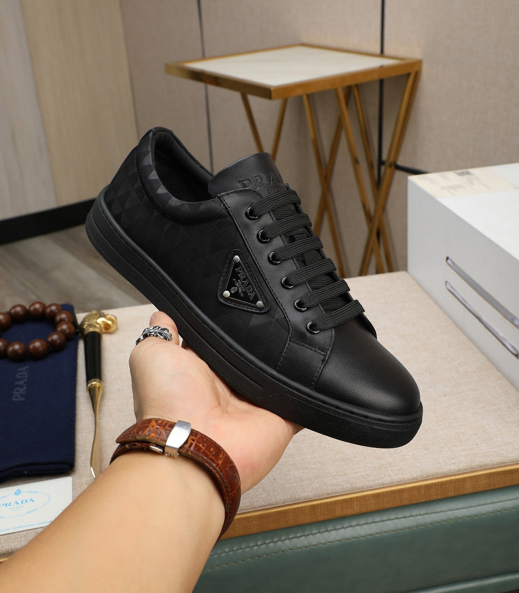 PRA RE-NYLON SNEAKERS IN BLACK LEATHER AND FABRIC