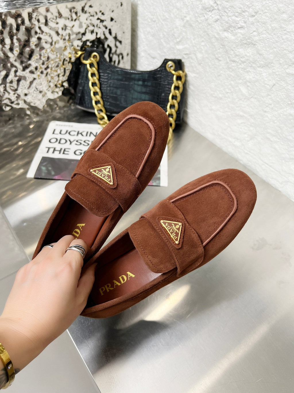 PRADA 26S CLASSIC LOAFERS IN CHOCOLATE BROWN LOGO SUEDE