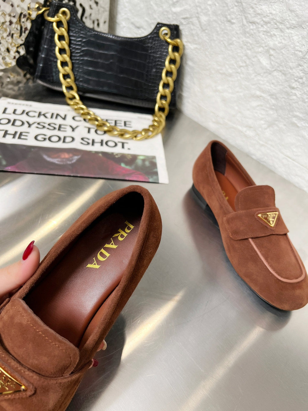 PRADA 26S CLASSIC LOAFERS IN CHOCOLATE BROWN LOGO SUEDE