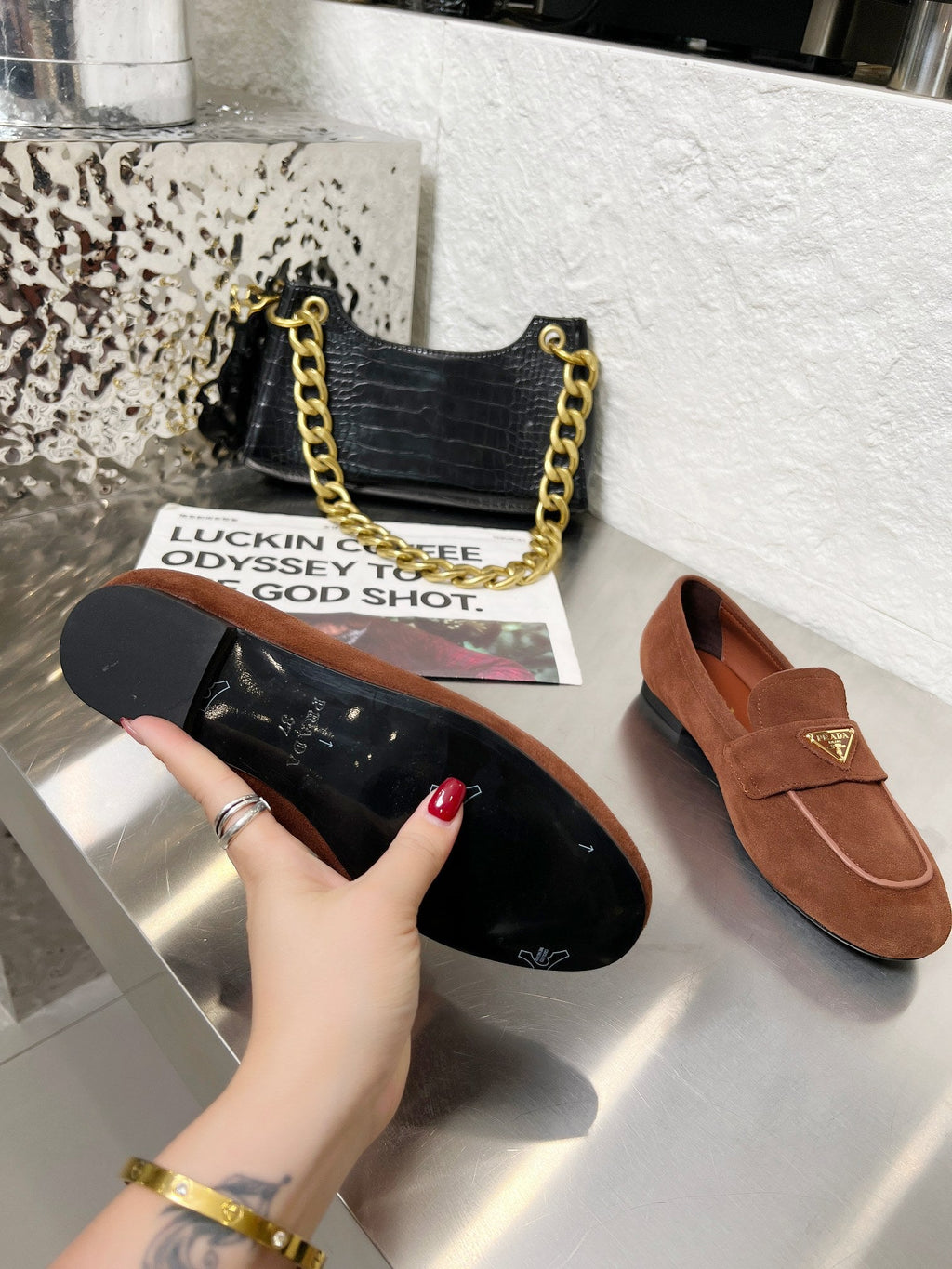 PRADA 26S CLASSIC LOAFERS IN CHOCOLATE BROWN LOGO SUEDE