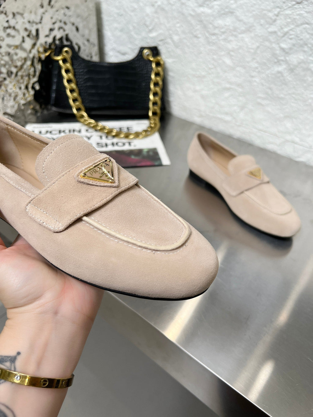 PRADA 26S CLASSIC LOAFERS IN NUDE BEIGE LOGO SUEDE