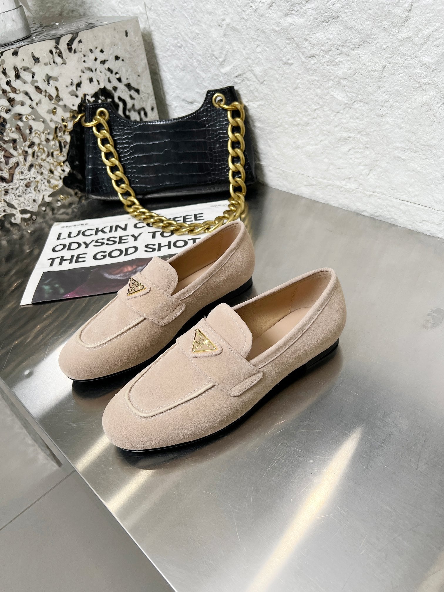 PRADA 26S CLASSIC LOAFERS IN NUDE BEIGE LOGO SUEDE