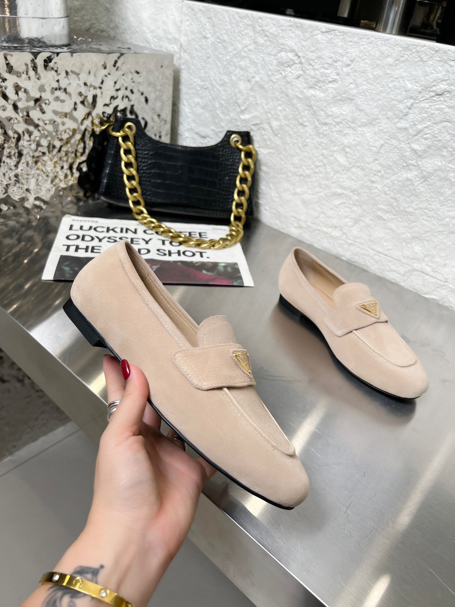 PRADA 26S CLASSIC LOAFERS IN NUDE BEIGE LOGO SUEDE