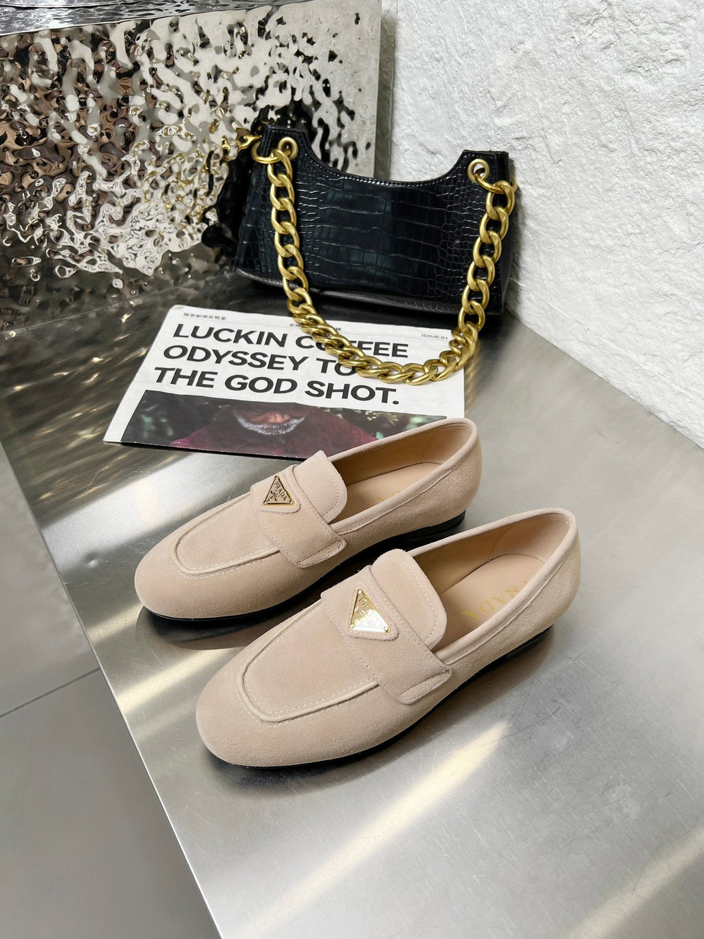 PRADA 26S CLASSIC LOAFERS IN NUDE BEIGE LOGO SUEDE