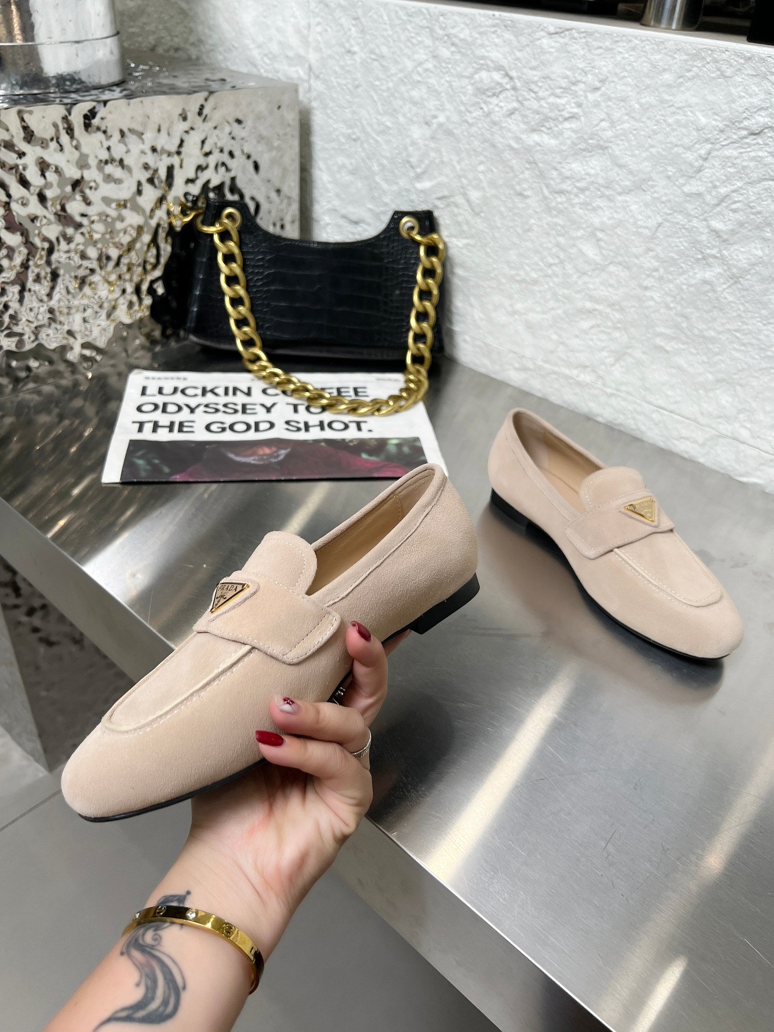PRADA 26S CLASSIC LOAFERS IN NUDE BEIGE LOGO SUEDE
