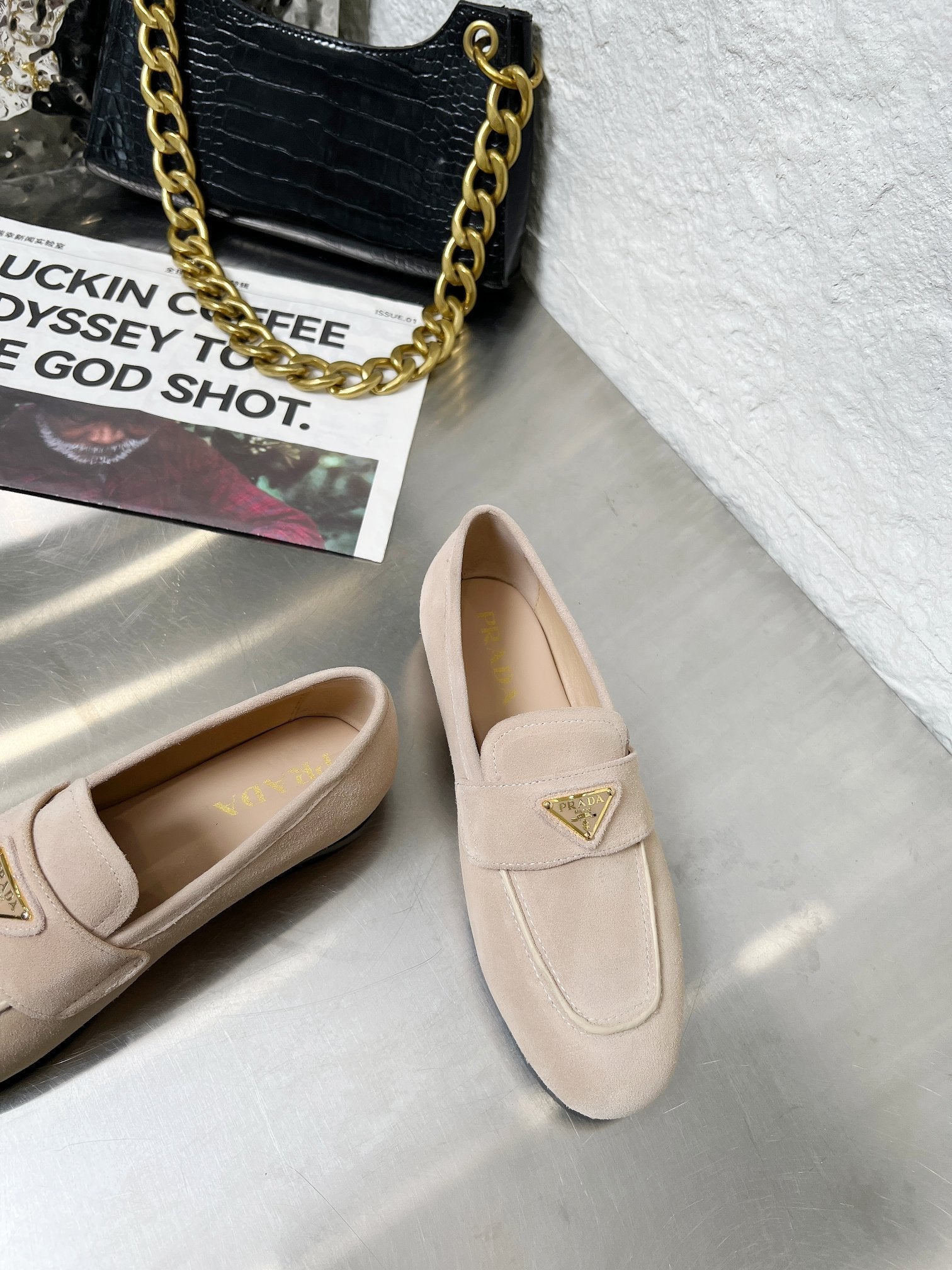 PRADA 26S CLASSIC LOAFERS IN NUDE BEIGE LOGO SUEDE