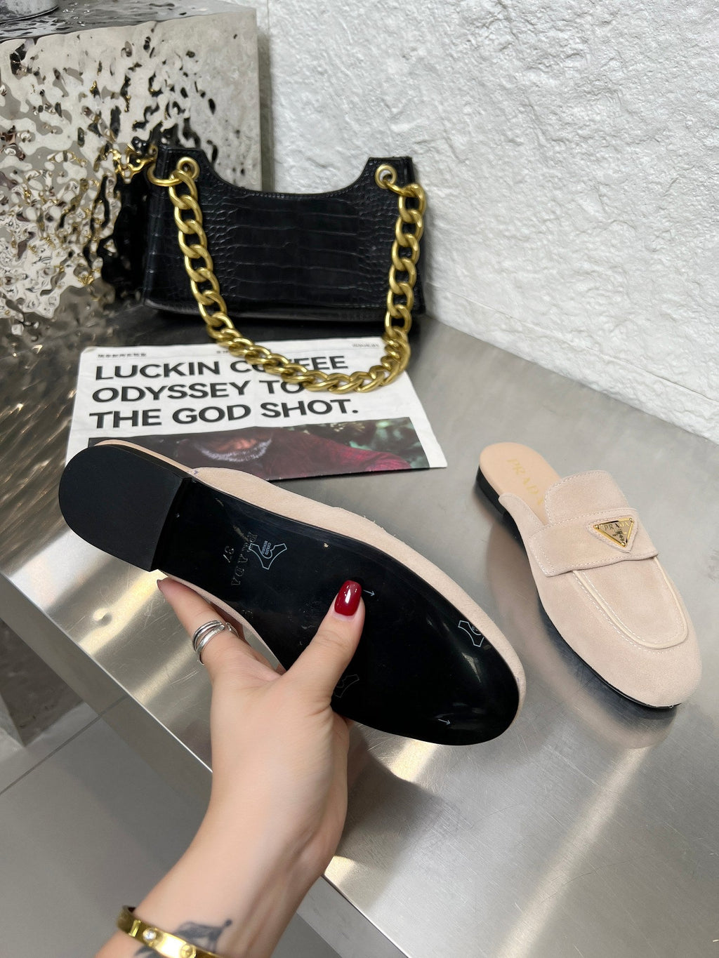 PRADA 26S MULE LOAFERS IN NUDE BEIGE SUEDE WITH LOGO