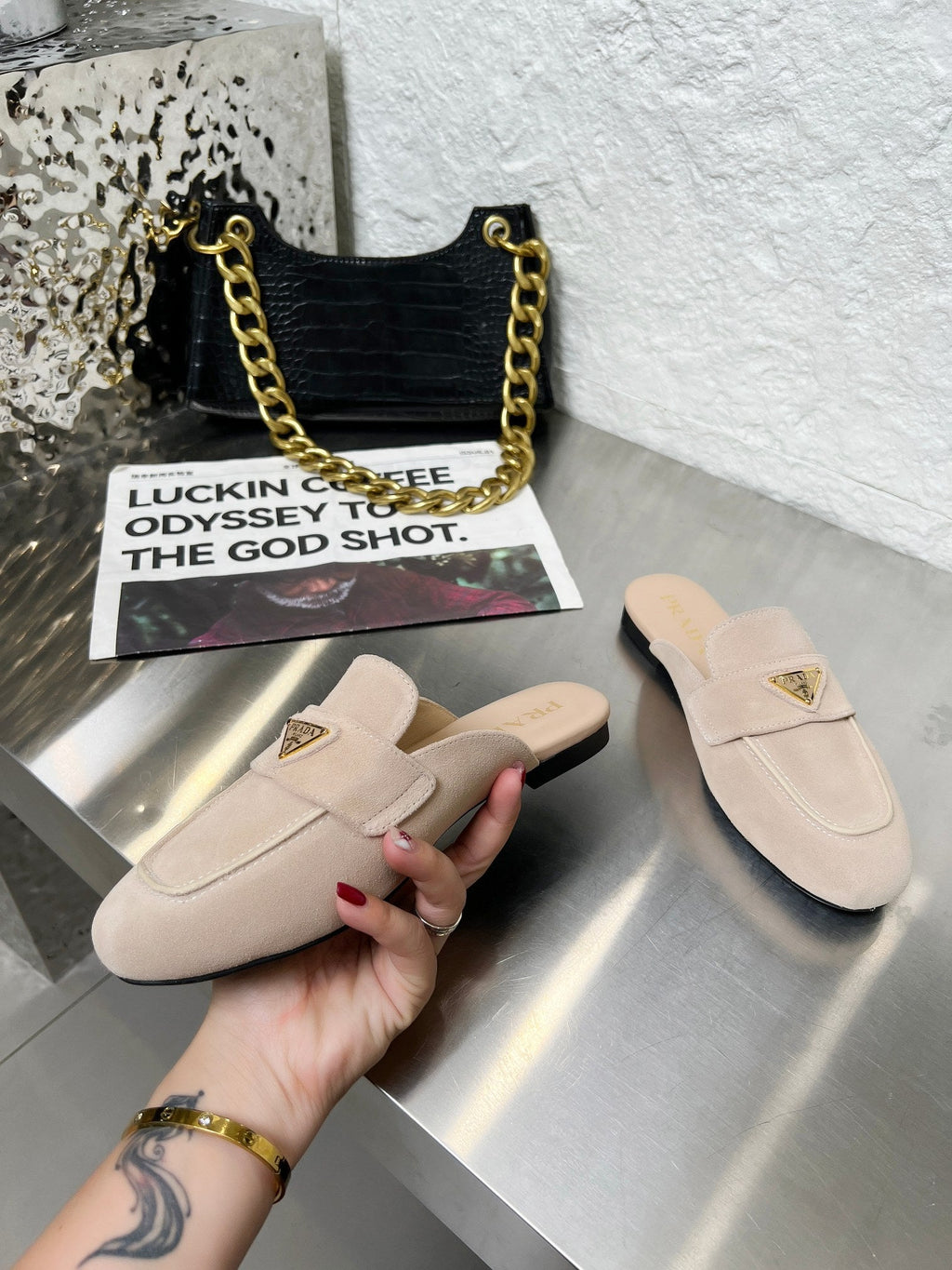 PRADA 26S MULE LOAFERS IN NUDE BEIGE SUEDE WITH LOGO
