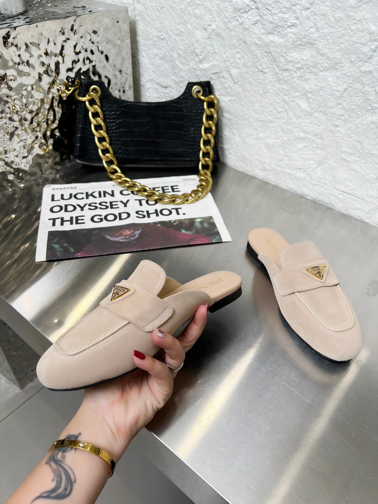 PRADA 26S MULE LOAFERS IN NUDE BEIGE SUEDE WITH LOGO