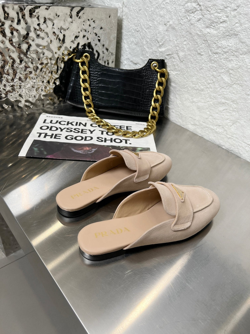 PRADA 26S MULE LOAFERS IN NUDE BEIGE SUEDE WITH LOGO