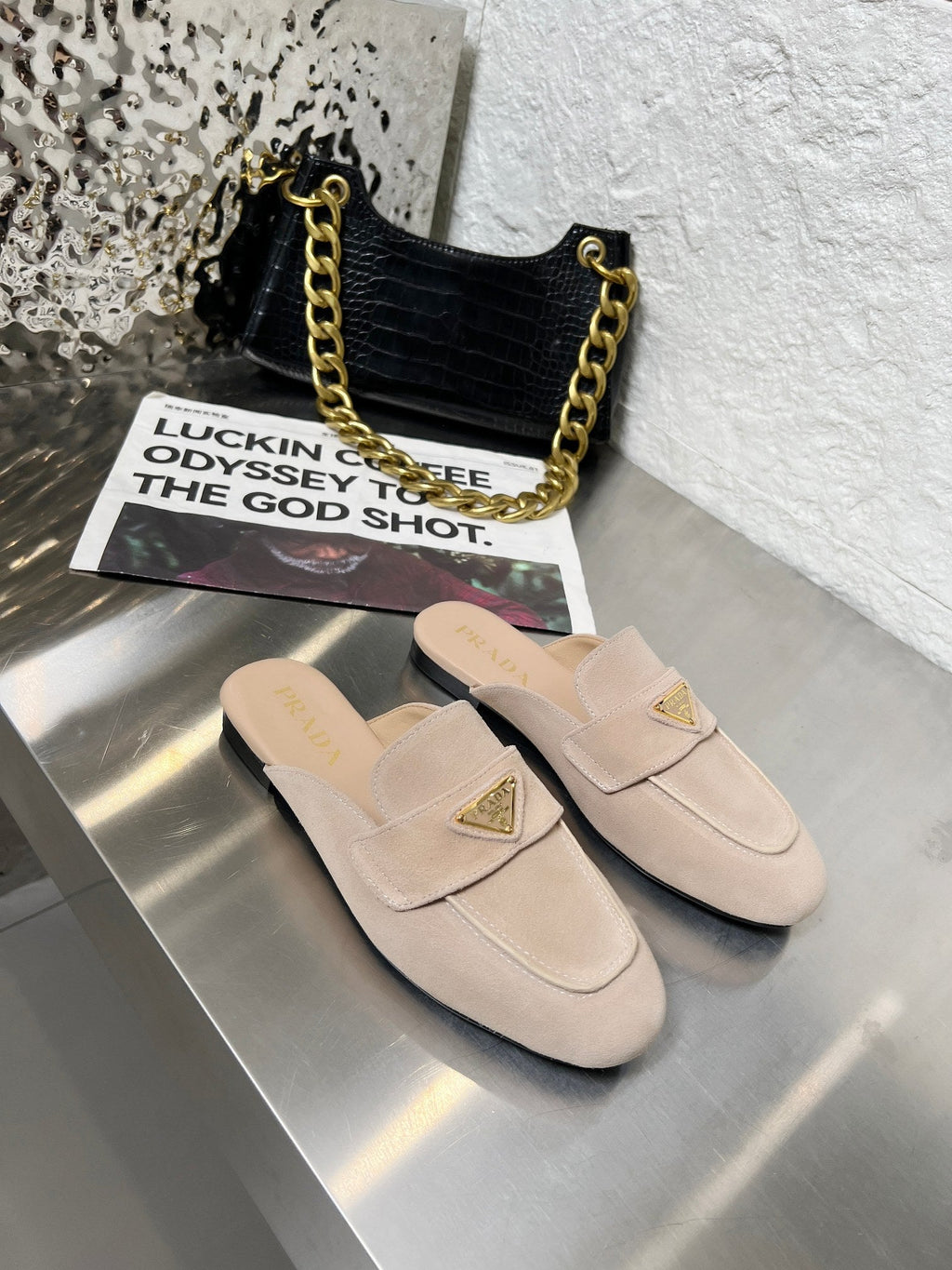 PRADA 26S MULE LOAFERS IN NUDE BEIGE SUEDE WITH LOGO
